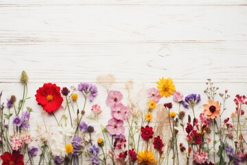 Wall Mural - Wild flower collected with variable colors on wood background in Spring. Space for text. Spring seasonal concept.