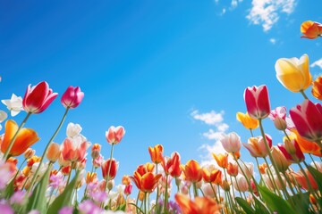 Wall Mural - Beautiful tulip with variable colors in field and blue sky in Spring. Spring seasonal concept.