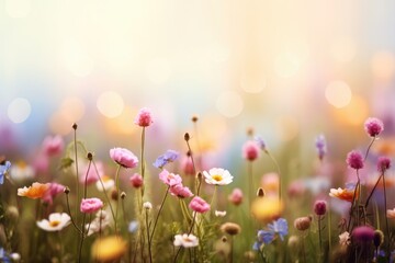 Wall Mural - Wild flower field in wild with variable colors in Spring. Blurred background for text. Spring seasonal concept.