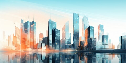 Skyscrapers background at sunset or sunrise, geometric pattern of towers, perspective graphic painting of buildings - Architectural illustration for financial, corporate and business brochure template