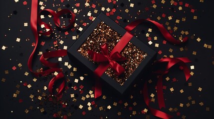 Wall Mural - Black Gift Box. Festive Black Friday surprise! Top view black gift box, adorned with vibrant red ribbon, surrounded by golden star-shaped confetti, set against rich marsala backdrop. Decor concept