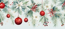 Watercolor Flat Lay Sketch Texture Of Christmas Balls And Christmas Flowers. Christmas Holidays Banner Illustration. Horizontal Format For Banners, Posters, Gift Cads, Advertising. AI Generated.
