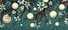 Christmas Balls And Christmas Flowers Illustration Flat Lay Sketch Texture. Christmas Theme. Horizontal Format For Banners, Posters, Gift Cads, Advertising. AI Generated.