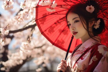 Wall Mural - Beautiful Japanese woman dressed in traditional Kimono with red umbrella in blooming cherry blossom woods in Spring. Spring seasonal concept.