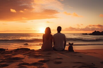 Wall Mural - A dog and a young couple sit together at sand beach watching beautiful sunset