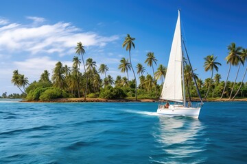 Wall Mural - Sailing boat driving in blue sea.