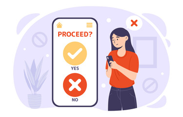 Wall Mural - woman cancel at phone concept. young girl with smartphone with buttons yes and no. choice and decisi