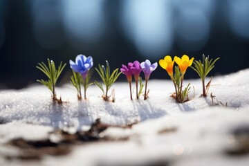 Wall Mural - Wild flower growing out of snow with variable colors in early Spring. Spring seasonal concept.