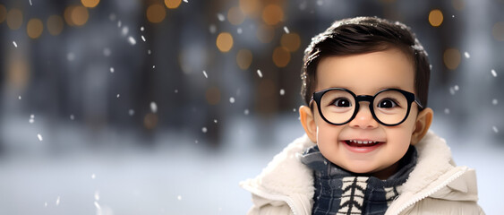 Wall Mural - Winter themed toddler boy wearing glasses with room for copy space created with Generative AI technology