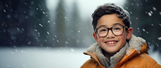 Wall Mural - Winter themed boy wearing glasses with room for copy space created with Generative AI technology