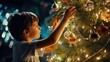 A child decorates a Christmas tree at home. . A family with children celebrates the winter holidays. The children decorate the living room and fireplace for Christmas.