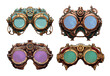 Steampunk glasses front view. Retro mechanical spectacles with translucent colored lens and coggears, vintage eyeglasses with gears in cartoon style isolated on white