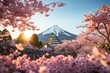Mt Fuji and beautiful blooming cherry blossom woods with Japanese style temple building in Spring. Spring seasonal concept.