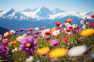 Wall Mural - Wild flower field in wild with variable colors and snow mountain background in Spring. Spring seasonal concept.
