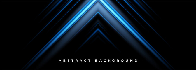 Wall Mural - Blue abstract arrows on a wide black background banner. Vector illustration