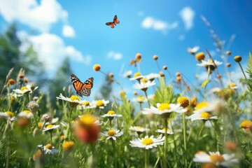 Wild flower field in wild with variable colors in Spring. Spring seasonal concept.