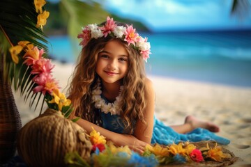 Portrait of a lovely young girl at beach. Summer tropical vacation concept.