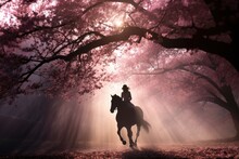 A Female Riding On Horseback In Foggy Spring Woods With Cherry Blossom And Sun Ray.