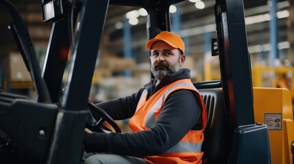 A man in an orange jacket and vest drives a forklift transporting supplies in a warehouse.