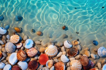 Wall Mural - Close-up view of colorful shells in sea water. Summer tropical vacation concept.