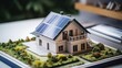 A house model with solar panels, showcasing sustainable energy solutions for a greener future.