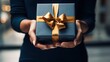 New Year's gift. Top view, female hands holding a luxury gift box with a large golden satin bow on a dark blue background. Close-up.