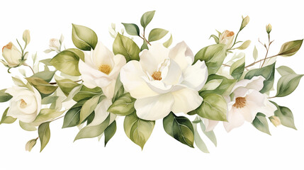 Poster - Watercolor painting of roses. Flower white rose and green leaves. floral branch on white background.