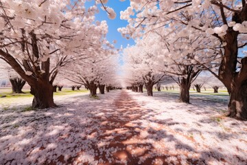 Wall Mural - Close-up view of pink petals on ground in beautiful blooming cherry blossom woods in Spring. Spring seasonal concept.