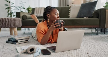 Sticker - Laptop, education and a student black woman on the floor of a living room to study for a test or exam. Computer, smile and a happy young person learning with an online course for upskill development