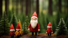 Handmade DIY Figurines, Cute Crafted Wool Felt Santa Claus And Christmas Wights Standing In The Forest
