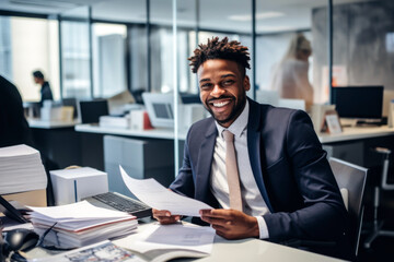 Canvas Print - Happy african american businessman smiling in front of a pile of papers while working in office.