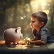 A child learns to save with his pink piggy bank,A prosperous future begins with small savings - Generative AI
