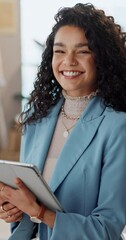 Wall Mural - Woman, tablet and portrait with working attorney and online with smile from company work. Law firm, technology and female business person with digital lawyer information and happy from job in office