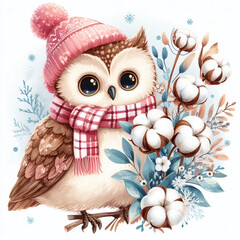 Wall Mural - winter cute owl with cotton flowers bouquet watercolor vector illustration