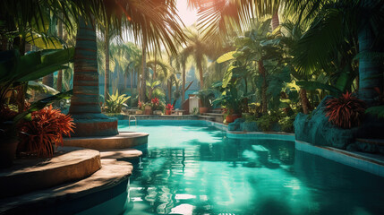 Poster - pool in resort with tropics in blue-green tones