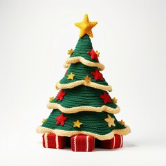 handcrafted knitted christmas tree with colorful stars and gifts. playful and cozy homemade holiday 