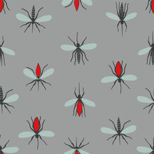 Seamless Vector Pattern With Mosquitoes On A Gray Background. Stylized Hand-drawn Illustration. Hungry Mosquitoes And Well-fed Mosquitoes With A Red Belly. Insects Fly By Flapping Transparent Wings