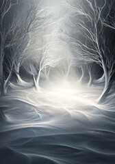 Wall Mural - Rays of light on trees and snowy landscape, isolated in the darkness in a surrealistic environment. AI generative
