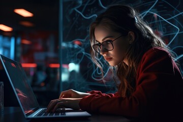 Poster - Midnight Productivity: Dedicated Worker Focuses on Laptop in Late-Night Home Office