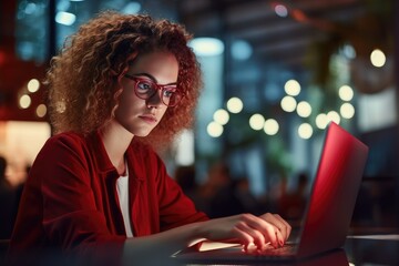 Poster - Midnight Productivity: Dedicated Worker Focuses on Laptop in Late-Night Home Office