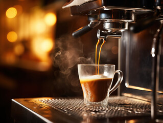 Close-up of espresso pouring from a coffee machine. Lifestyle concept suitable for drinks and rest