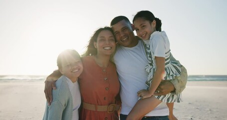 Wall Mural - Parents, children and beach with smile on face, hug and care in summer sunshine with freedom on holiday. Father, mother and daughter kids in happy family, portrait and vacation with bonding in Mexico