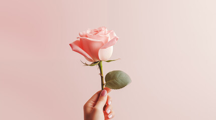 A female hand holds a beautiful pink rose on a light background. Floral concept. Valentine's Day. Romantic gift