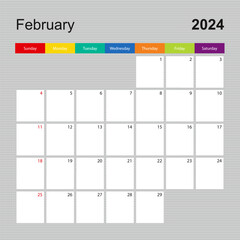 Wall Mural - Calendar page for February 2024, wall planner with colorful design. Week starts on Sunday.