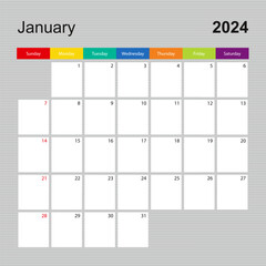 Wall Mural - Calendar page for January 2024, wall planner with colorful design. Week starts on Sunday.