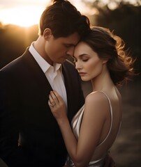 wedding photo of a happy young couple, nation diversity, with different nationalities, diversity of skin color, sunset light