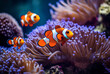 a clownfish swimming among some coral, in the style of realistic life