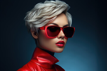 Wall Mural - Girl model in red wearing modern sunglasses on dark background. Face of beauty young woman with haircut, short blond hair. Concept of style, fashion, portrait, makeup, hairstyle