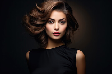 Wall Mural - Beautiful young woman with short wavy hair on dark background. Face of girl model with brown curly hairstyle, healthy skin. Concept of style, fashion, salon, studio, makeup, haircut