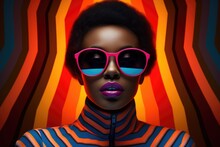 Beautiful African American Woman In Bright Stylish Clothes. Glamorous Female Model With Artistic Makeup Wearing Funky Sunglasses. Creative Colorful Style
